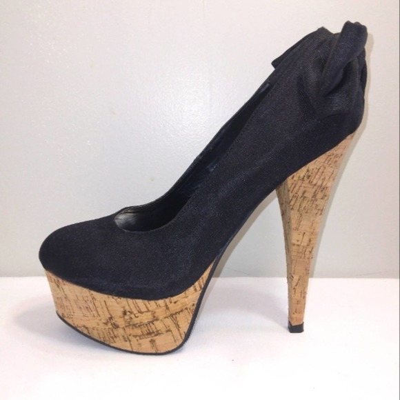 NWT Charlotte Russe 'Paloma' Black and Cork Platform Heels with bow Size 8 - Picture 6 of 12